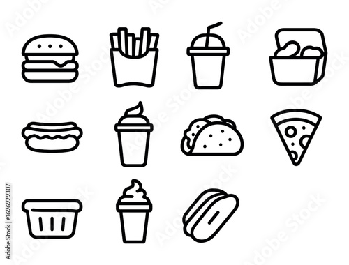 Fast Food Icons Grid. Outline icon set of fast food menu icons: burger, fries, soda, chicken nuggets, hotdog,