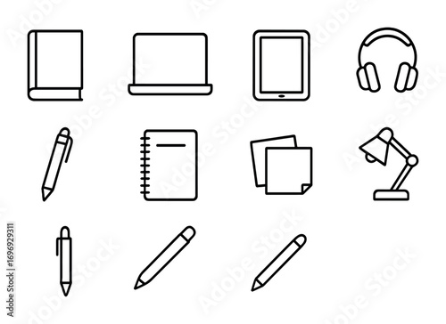 Study Tools Icons. Outline icon set of study tools: textbook, laptop, tablet, headphones, pen, notebook,