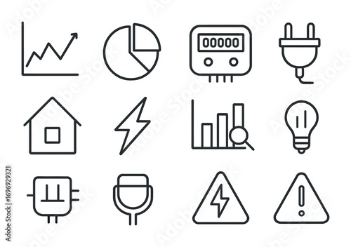 Electricity Tracking Icons. Outline icon set of electricity consumption tracking: line chart, pie chart, smart