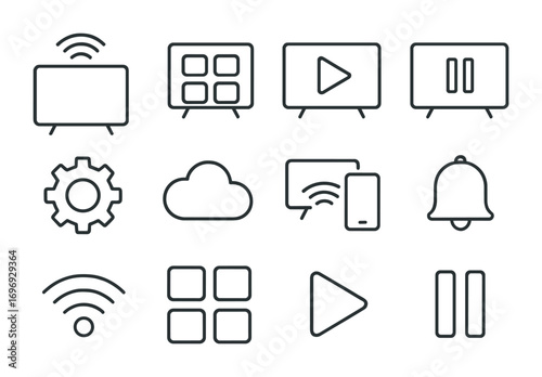 Smart TV Icons. Outline icon set of Smart TVs and streaming: Wi-Fi, app icons, play button, pause button,