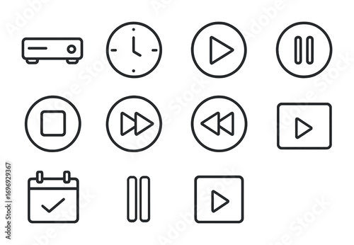 Television Icon Set. Outline icon set of Television recording and playback: DVR, timer, play, pause, stop,