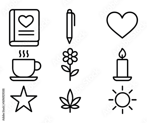 Daily Gratitude Icons. Outline icon set of Daily gratitude practices: journal, pen, heart, cup of tea, flower,