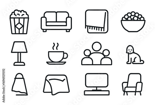 Cozy Viewing Icons. Outline icon set of Television viewing experience: popcorn, sofa, blanket, snacks, lamp,