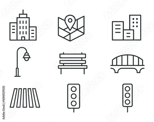 Urban Architecture Icons. Outline icon set of Urban architecture: skyscraper, city map, building blocks,