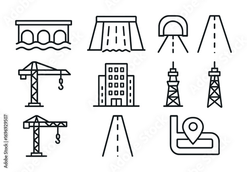 Civil Engineering Icons. Outline icon set of Civil engineering structures: bridge, dam, tunnel, highway, crane