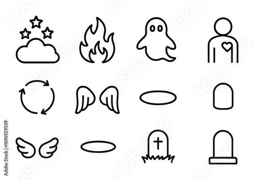 Afterlife Beliefs Icons. Outline icon set of Afterlife beliefs: heaven, hell, spirit, soul, reincarnation