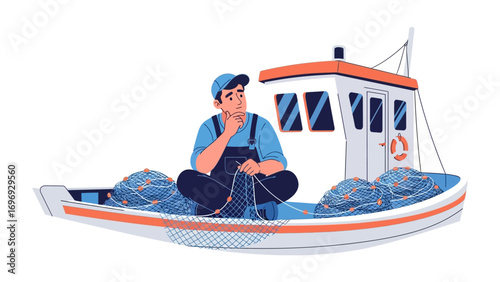 Harbor Contemplation: A thoughtful fisherman contemplates the sea, contemplating his craft while seated inside his fishing boat. The image captures the essence of contemplation, labor, and sea life.