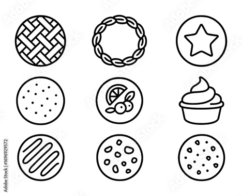 Pie Decoration Icons. Outline icon set of Pie decoration elements: lattice crust, leaf pattern, star-shaped