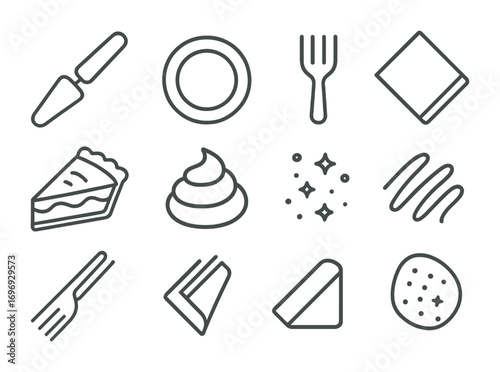 Pie Serving Icons. Outline icon set of Pie serving icons: pie server, dessert plate, fork, napkin, slice of