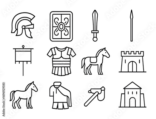 Roman Military Icons. Outline icon set of Roman military life: legionary helmet, shield, sword, spear, banner,