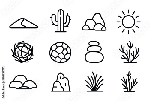 Desert Garden Icons. Outline icon set of Desert-themed garden elements: sand dune, cactus, rock pile, sun icon