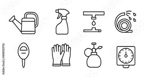 Garden Care Icon Set. Outline icon set of Garden watering and care: watering can, spray bottle, drip