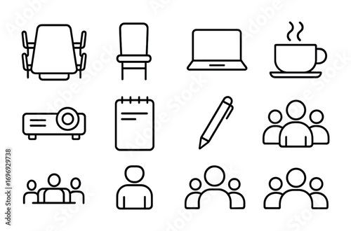 Marketing Meeting Icons. Outline icon set of Marketing meetings: conference table, chairs, laptop, coffee cup,