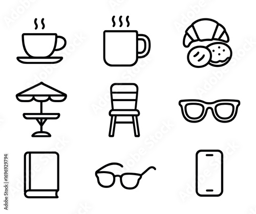 Spring Café Icons. Outline icon set of Spring café outing: tea cup, coffee mug, pastries, outdoor table, chair