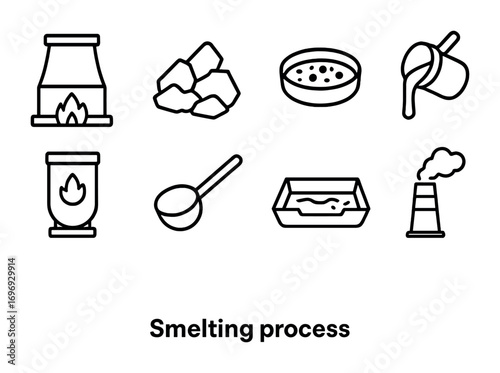 Smelting Process Icons. Outline icon set of Smelting process: furnace, ore, slag, molten metal, crucible,