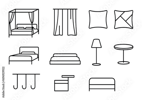 Modern Canopy Icons. Outline icon set of Modern canopy designs: sleek frame, sheer panels, geometric pillows,