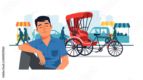 City scene: A man is sitting in front of a cycle rickshaw under the hustle and bustle of the city. 