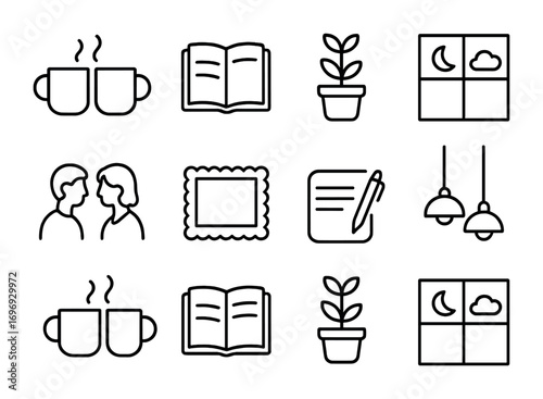 Café Conversation Icons. Outline icon set of Intimate café conversations: steaming mugs, notepad, pen, small
