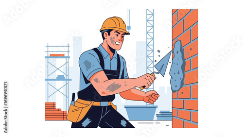 Bricklayer at Work: A focused bricklayer, clad in safety attire, expertly applies mortar to a brick wall on a construction site. Highlighting precision, dedication, and the building process.