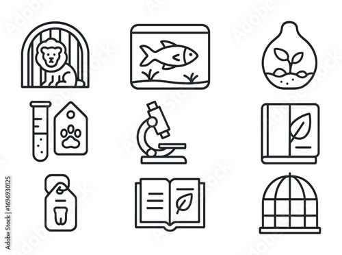 Ex-Situ Conservation Icons. Outline icon set of ex-situ conservation: zoo animal, botanical garden tree,