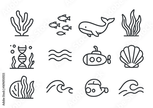 Marine Diversity Icons. Outline icon set of marine genetic diversity: coral, fish school, whale, seaweed,