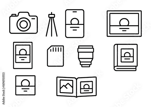 Sunset Photography Icons. Outline icon set of sunset photography: camera, tripod, smartphone, landscape frame,