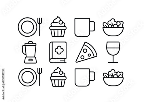 Food Blogging Icons. Outline icon set of food blogging: plate with fork, cupcake, coffee mug, salad bowl,