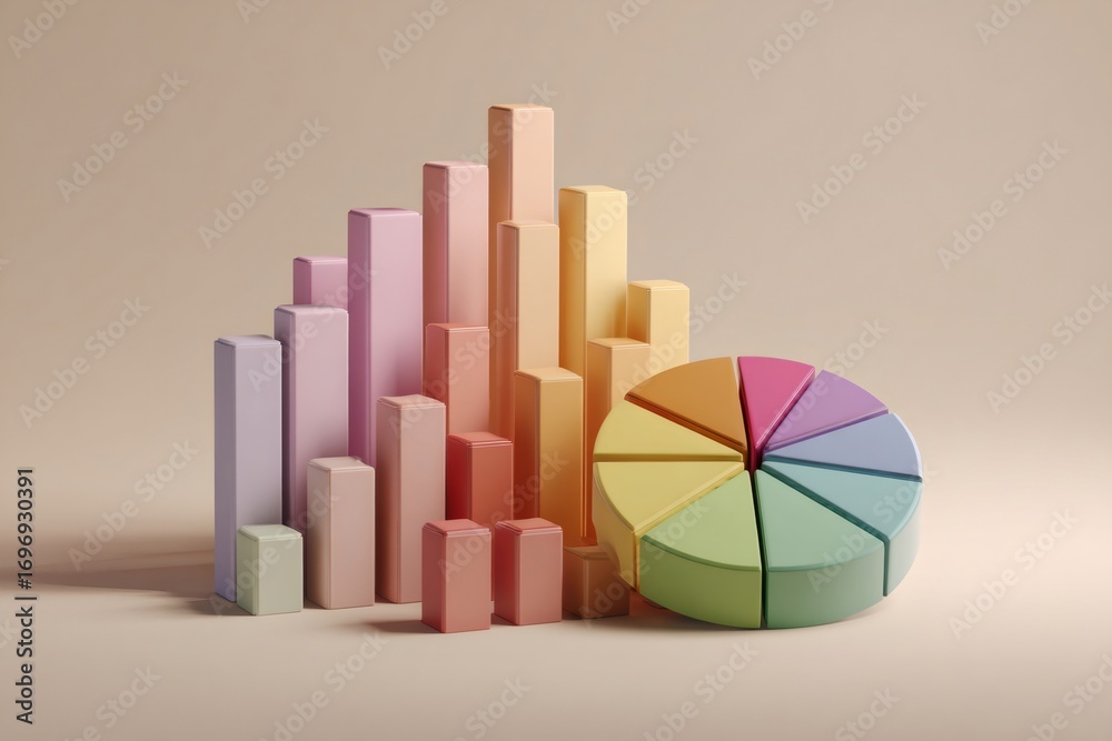 Fototapeta premium 3d render of colorful pie chart and bar graph representing market analysis, business and finance concepts