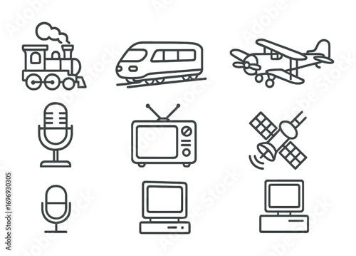 Modern History Icons. Outline icon set of modern history topics: steam engine, train, telegraph, airplane,