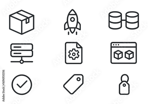 Continuous Delivery Icons. Outline icon set of continuous delivery: package box, rocket launch, delivery