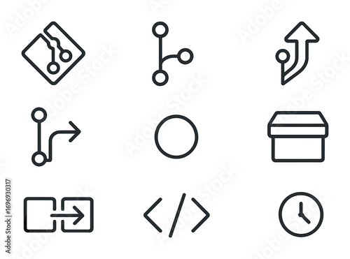 Version Control Icons. Outline icon set of version control systems: Git logo, branch tree, commit dot, merge
