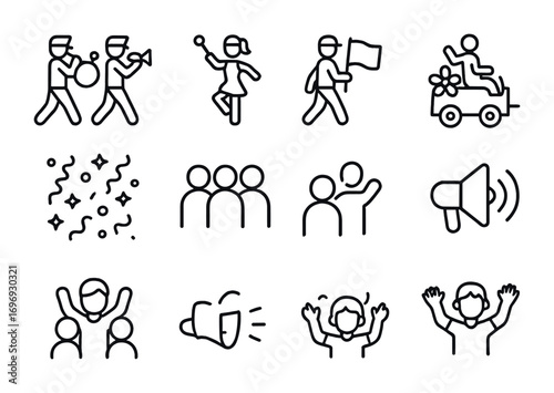 Parade Icon Set. Outline icon set of parades and public gatherings: marching band, baton twirler, flag bearer,