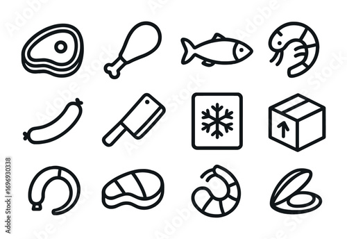 Meat and Seafood Icons. Outline icon set of meat and seafood: steak cut, chicken drumstick, fish silhouette,