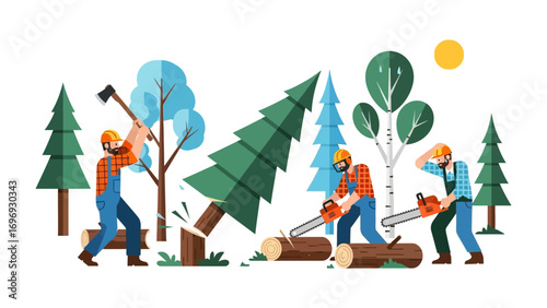 Forestry Workers Felling a Tree: A team of skilled forestry workers employs axes and chainsaws to fell a tree in a stylized graphic illustration.