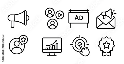 Product Marketing Icons. Outline icon set of product marketing: megaphone, social media icons, banner ad,