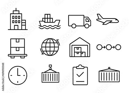 Supply Chain Icons. Outline icon set of supply chain management: logistics hub, cargo ship, delivery truck,
