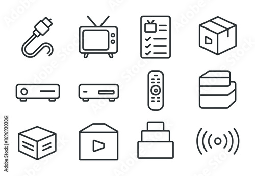 Cable TV Icon Set. Outline icon set of cable television: coaxial cable, TV set, channel list, subscription box