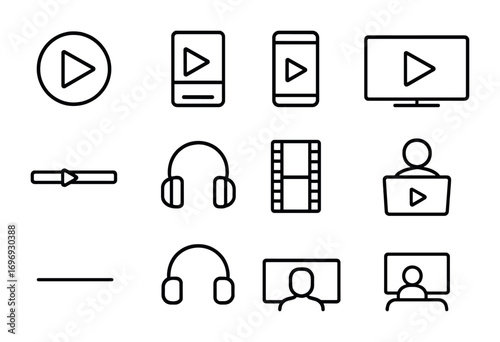 Streaming Icons Grid. Outline icon set of streaming platforms: play button, video library, mobile phone