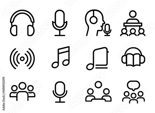 Auditory Learning Icons. Outline icon set of auditory learning: headphones, microphone, podcast, lecture hall,