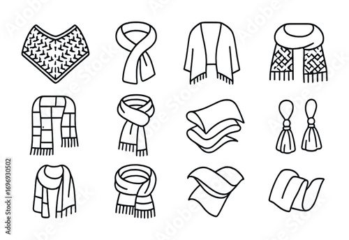 Handmade Scarves Icons. Outline icon set of handmade scarves and shawls: knitted shawl, silk scarf, fringed