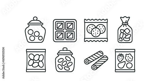 Sweet Pantry Icon Set. Outline icon set of sweet pantry treats: candy jar, chocolate tin, cookie box, caramel