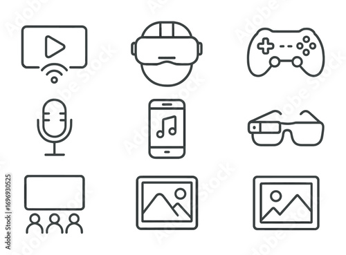 Digital Entertainment Icons. Outline icon set of digital entertainment: streaming video, VR headset, gaming