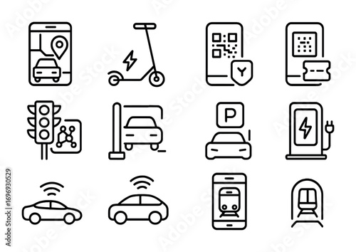 Digital Transportation Icons. Outline icon set of digital transportation: ride-hailing app, electric scooter,