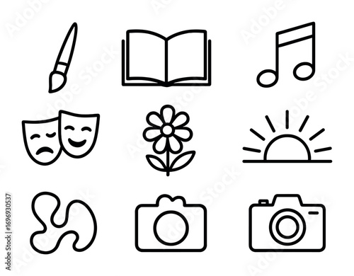 Inspiration Icon Set. Outline icon set of artistic inspiration: paintbrush, open book, musical note, theater