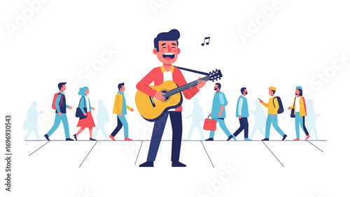 Street Musician's Serenade: A spirited street musician strums his acoustic guitar, serenading passersby with his melodies, his vibrant performance infusing the urban scene with musical enchantment.