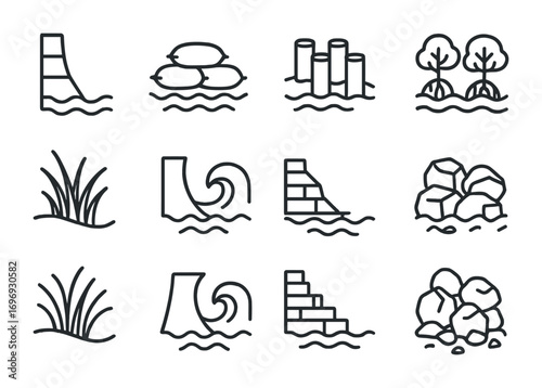 Coastal Protection Icons. Outline icon set of coastal protection elements: seawall, sandbags, breakwater,