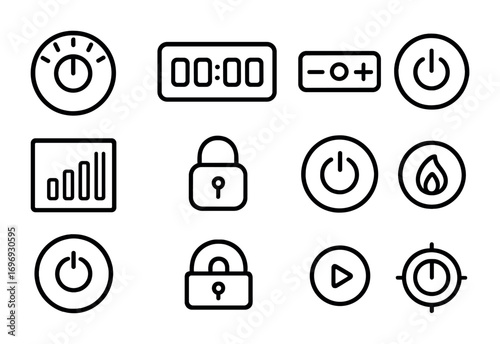 Stovetop Controls Icon Set. Outline icon set of stovetop controls: temperature knob, digital timer, touch