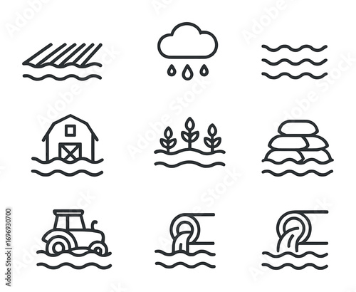 Flood Impact Icons Set. Outline icon set of floods and agriculture: submerged field, raincloud, rising water,