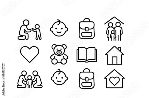 Family Protection Icons. Outline icon set of children and families protection: parent with child, baby icon,