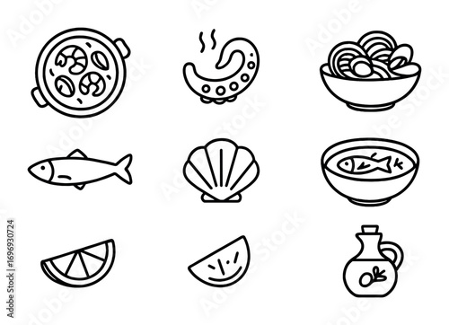 Mediterranean Seafood Icons. Outline icon set of Mediterranean seafood: paella pan, grilled octopus, seafood